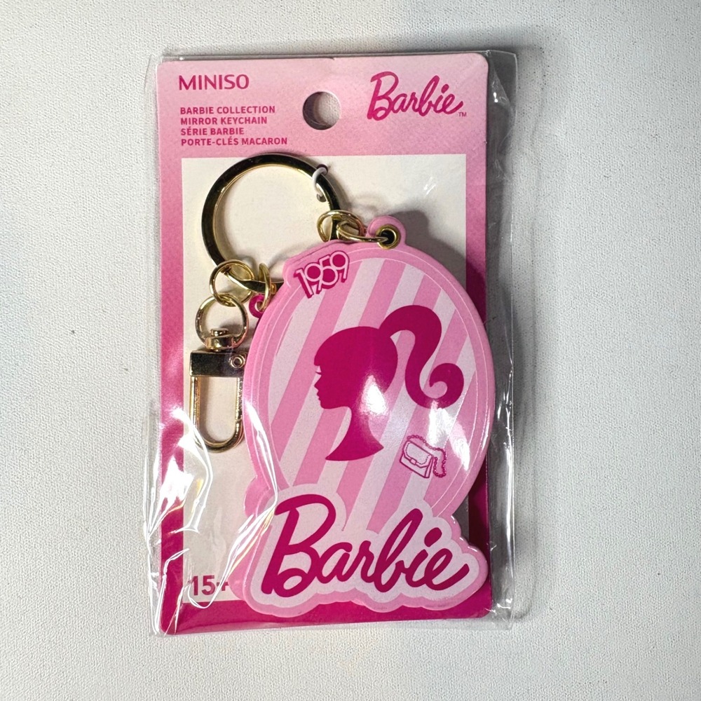 Miniso Barbie Collection Mirror Keychain 1959 Silhouette Pink White Striped New